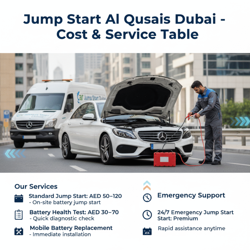Jump start cost and service table for Al Qusais Dubai showing standard jump start, battery test, mobile battery replacement, and 24/7 emergency assistance.