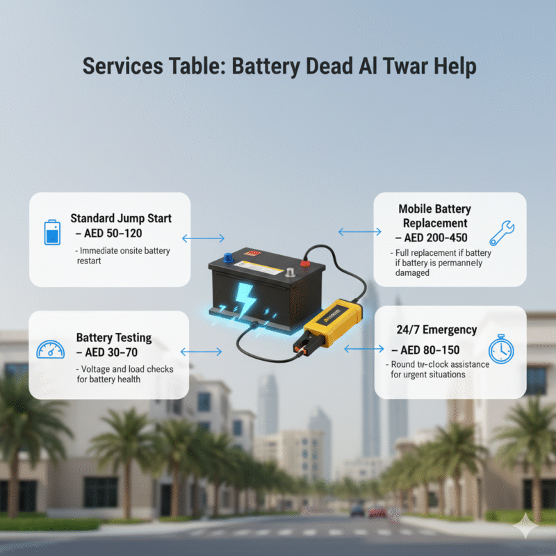 Animated infographic showing battery dead services in Al Twar, Dubai, with a branded car battery and jump starter in the center, and key service points displayed on left and right sides, title on top.