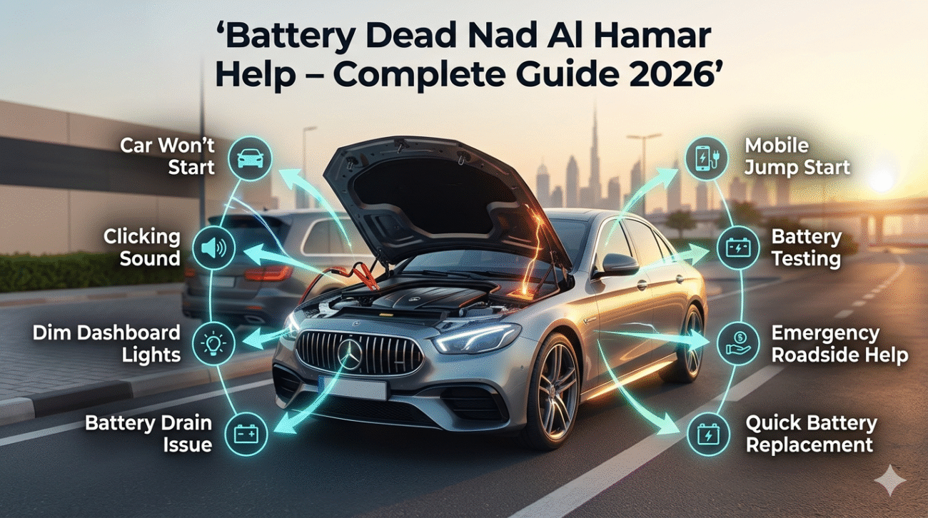 Battery dead Nad Al Hamar help guide showing car jump start service and roadside battery assistance in Dubai