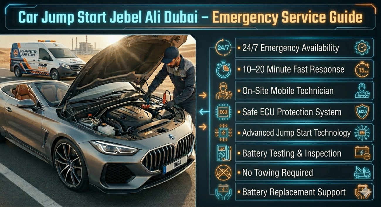 Infographic showing car jump start service in Jebel Ali Dubai with technician performing emergency battery boost and roadside assistance features.