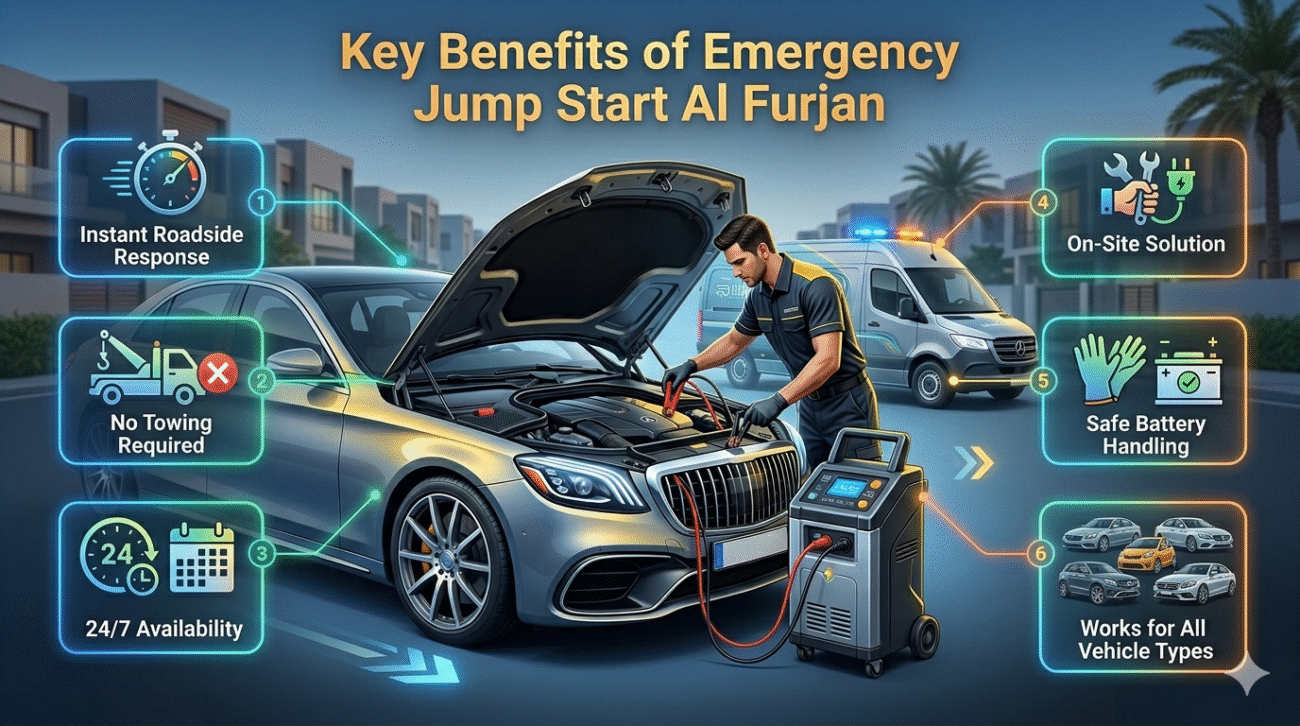 Key benefits of emergency jump start service in Al Furjan including fast response, on-site help, and safe battery handling