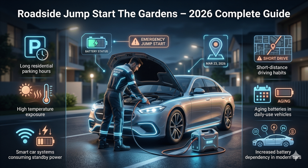 Roadside jump start The Gardens 2026 guide showing technician boosting car battery with modern infographic highlighting causes of battery failure in residential area.