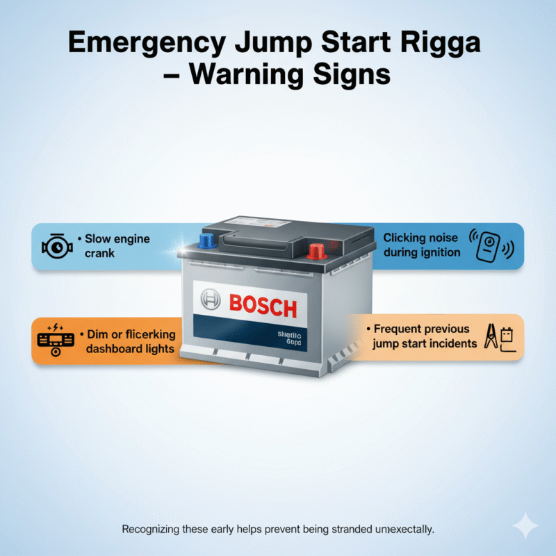 "Emergency Jump Start Rigga infographic showing title on top, battery warning signs like slow engine crank, flickering lights, clicking noise, and frequent jump start incidents on sides, with a premium battery in the center and animated infographic style."