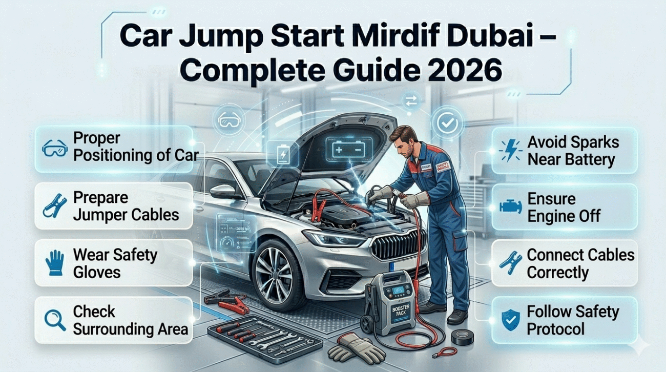 Roadside technician preparing jump start equipment for car battery in Mirdif Dubai with safety measures highlighted as infographic points on sides.