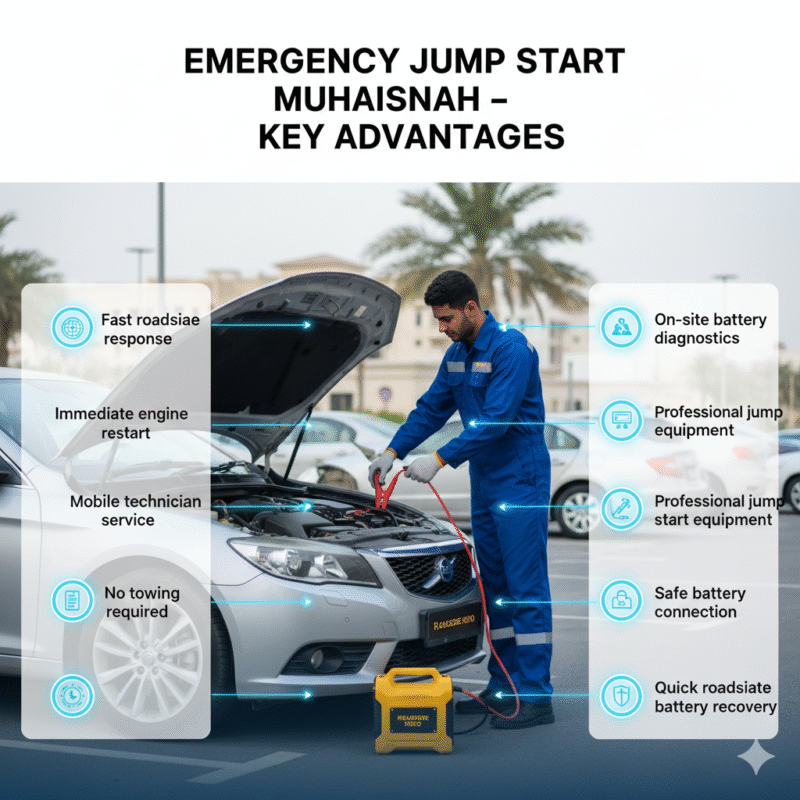 Professional technician performing emergency jump start in Muhaisnah with infographic-style side panels showing key advantages: fast roadside response, engine restart, mobile service, on-site diagnostics, safe battery connection, and quick recovery.
