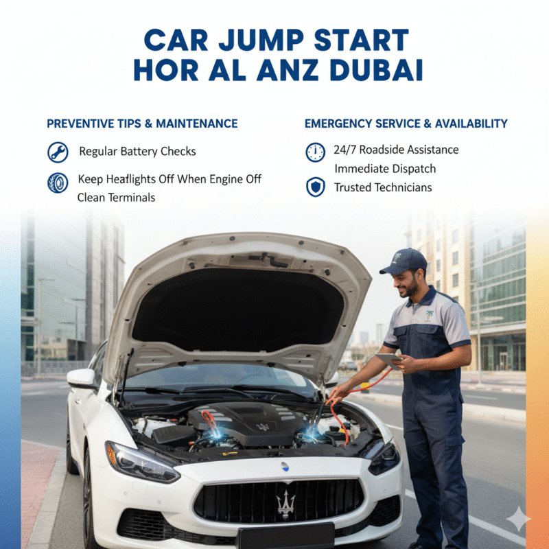 “Professional car jump start guide in Hor Al Anz Dubai showing emergency battery service, preventive tips, and 24/7 mobile assistance with a premium car brand in center.”