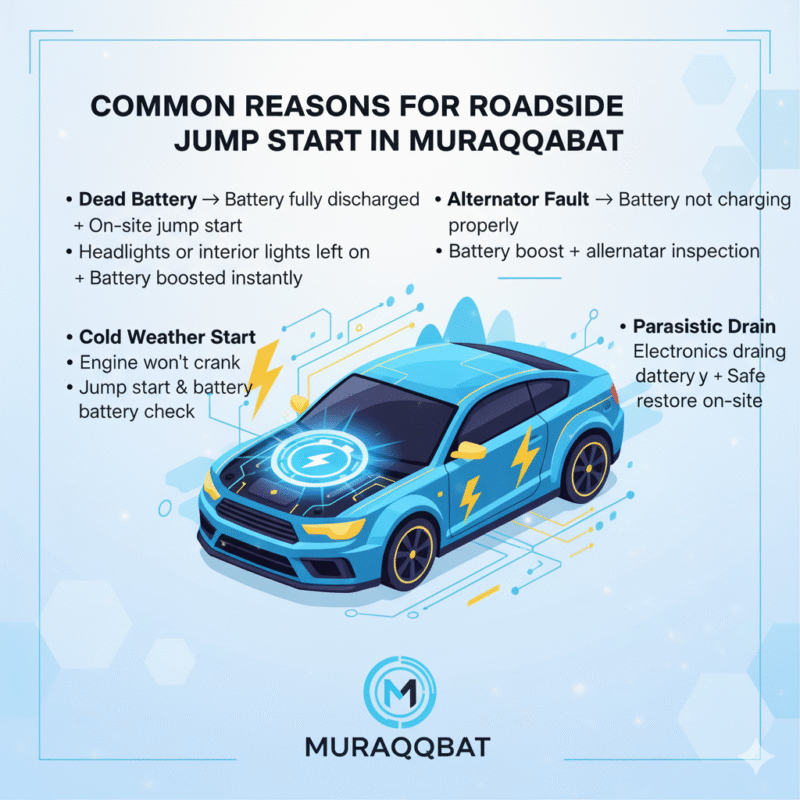 Animated infographic image showing common reasons for roadside jump start in Muraqqabat. Title at the top, key points displayed on sides, and central car illustration with glowing battery and energy symbols.