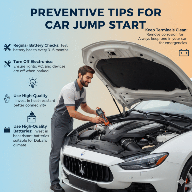“Preventive tips for car jump start in Hor Al Anz Dubai showing battery checks, electronics off, high-quality batteries, clean terminals, and portable jump starter with professional technician in center.”