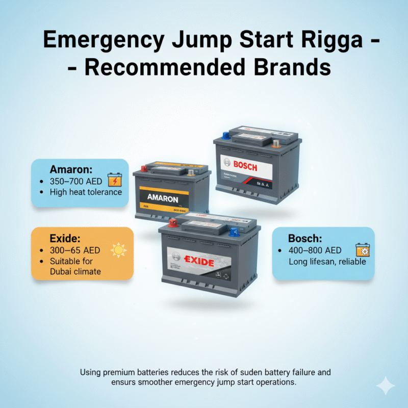 "Emergency Jump Start Rigga infographic showing title on top, recommended battery brands (Amaron, Bosch, Exide) with prices and performance notes on sides, and premium battery images in the center with animated infographic style."