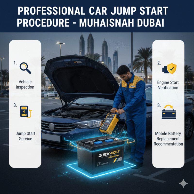 Infographic showing the professional car jump start procedure in Muhaisnah Dubai with a technician connecting a portable jump starter and step-by-step recovery points displayed on the sides.