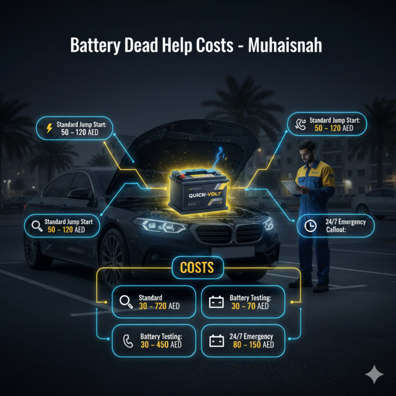 Infographic showing battery dead help costs in Muhaisnah Dubai with a glowing battery, technician, and side points highlighting costs for jump start, battery testing, mobile replacement, and emergency callout.