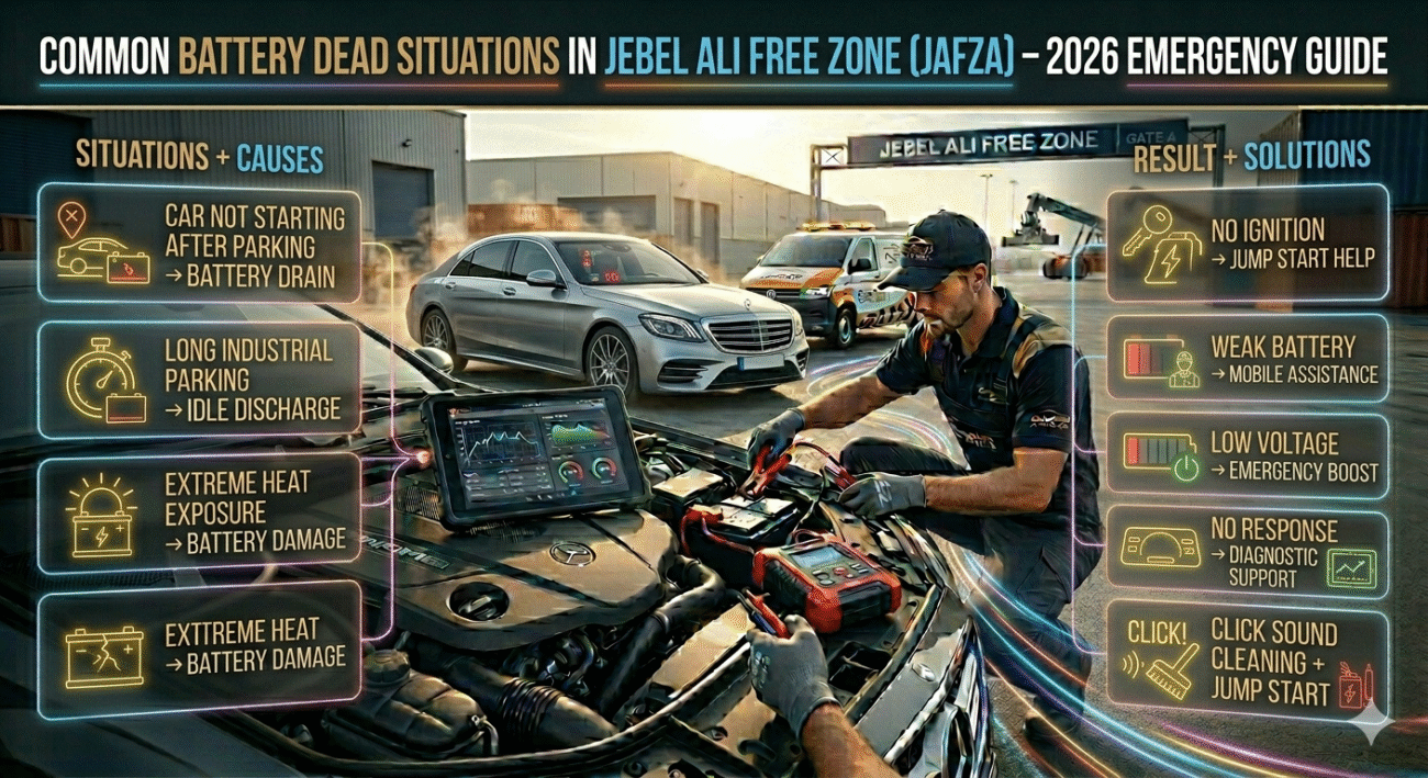 Cinematic infographic showing common battery dead situations in JAFZA with causes, results, and solutions including jump start help and mobile roadside assistance.