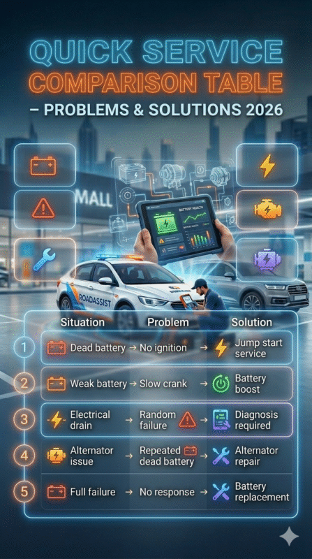 Infographic showing quick comparison table of car battery problems and solutions in Dubai Production City including dead battery, weak battery, electrical drain, alternator issues, and full failure with fixes.