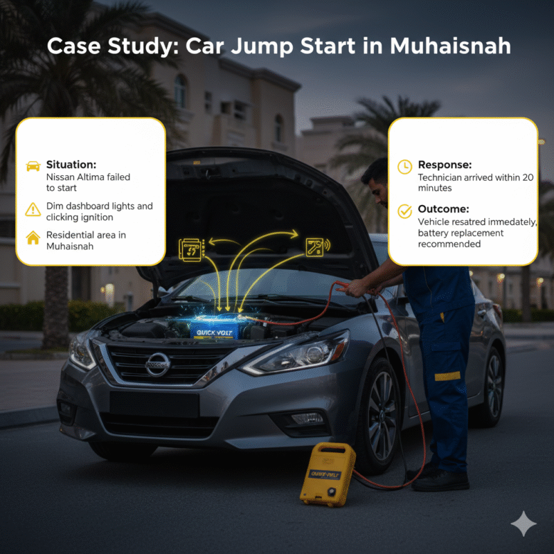 Infographic showing a case study of a car jump start in Muhaisnah with a Nissan Altima, a technician performing a jump start, and side points summarizing situation, response, and outcome.