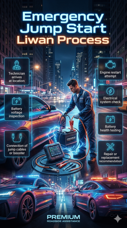 Infographic showing emergency jump start Liwan process with technician performing battery inspection, jump cable connection, and full diagnostic steps.