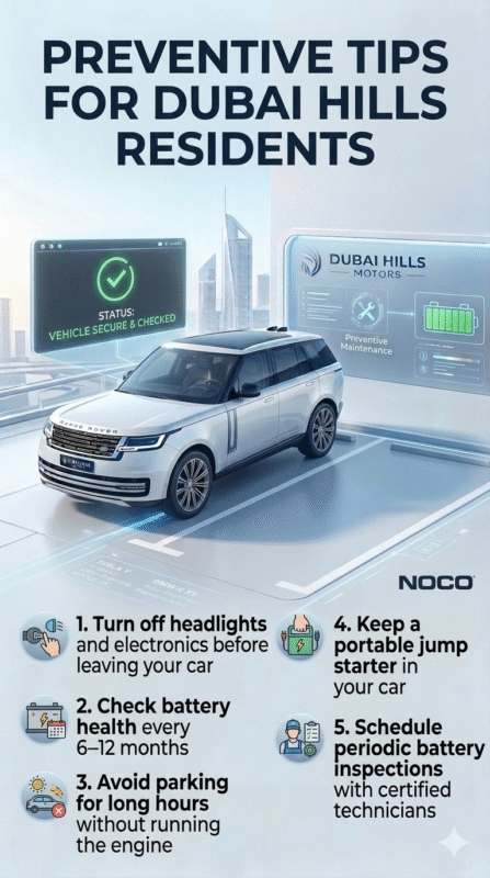 "User guide image showing a parked luxury SUV in Dubai Hills with title at top and animated preventive tips displayed on sides."