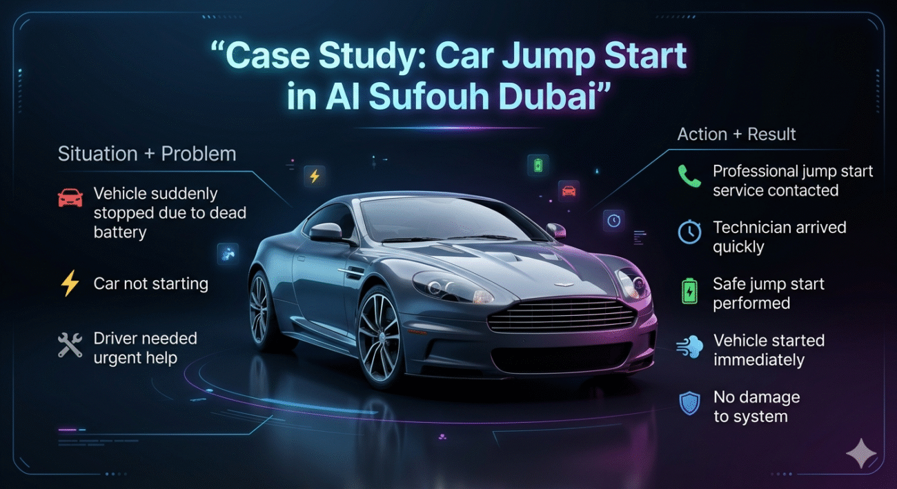 A modern case study image showing a car jump start situation in Al Sufouh Dubai with situation, problem, action, and result displayed around a central car.