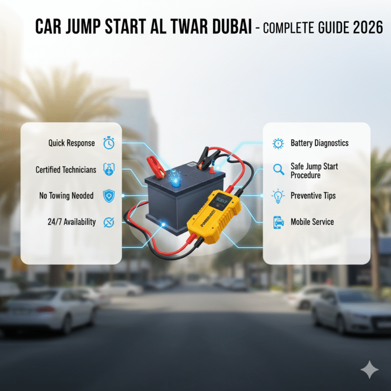 Infographic-style user guide for Car Jump Start Al Twar Dubai with title on top, animated car battery and jump starter in the center, key service points on sides, Dubai urban background.