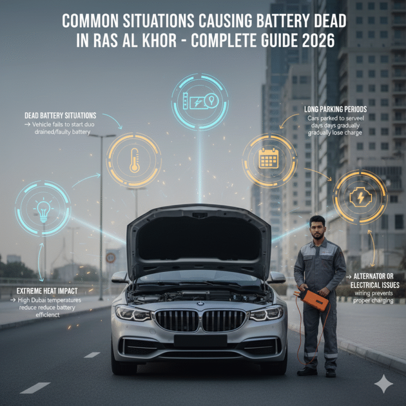 Luxury car in Ras Al Khor showing common battery dead causes: drained battery, electronics left on, extreme heat, long parking, and alternator/electrical issues, with mobile technician nearby.
