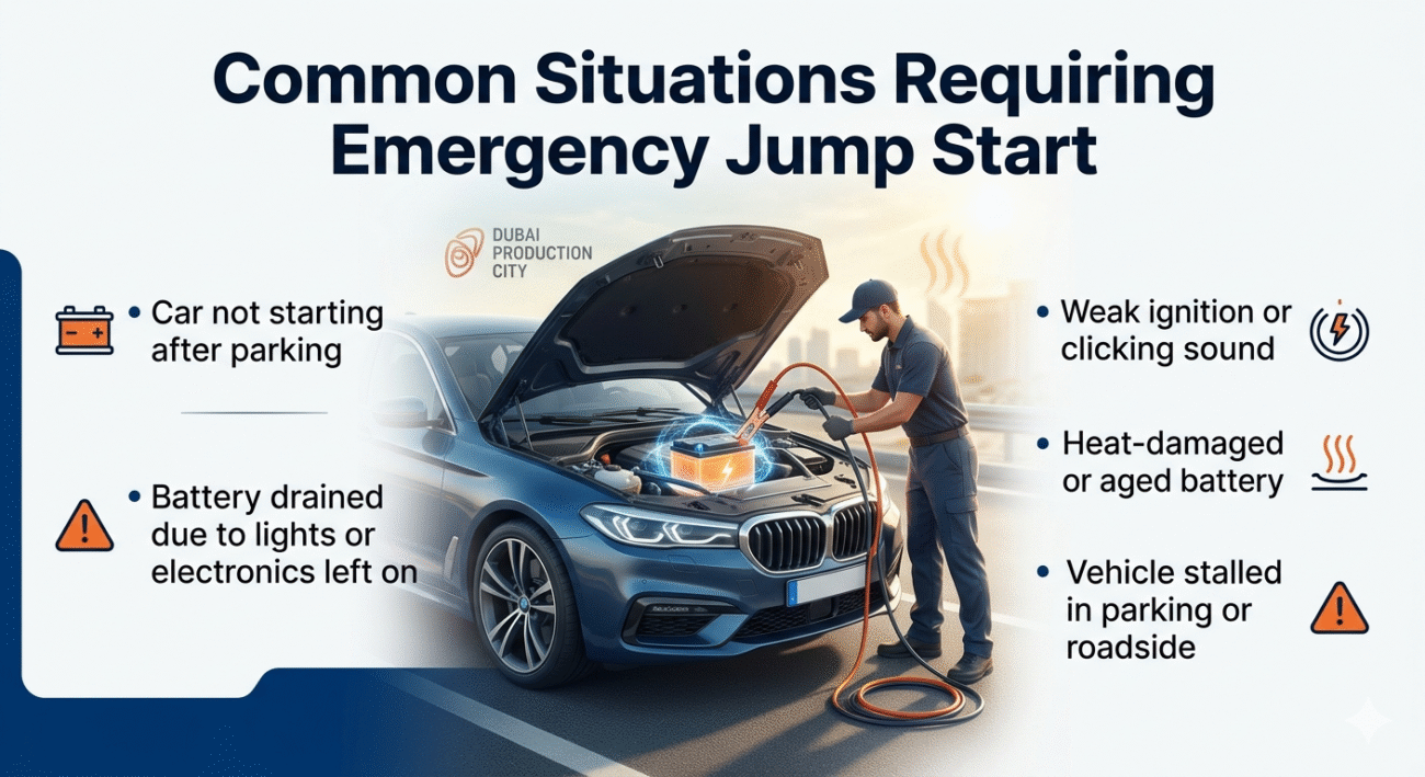 "Common situations requiring emergency jump start showing a car with open hood and glowing battery, with key scenarios like dead battery, weak ignition, and heat damage listed on sides."