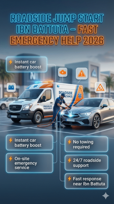 Infographic showing roadside jump start service near Ibn Battuta Mall, with technician boosting a car battery and highlighting emergency support, fast response, and on-site assistance.