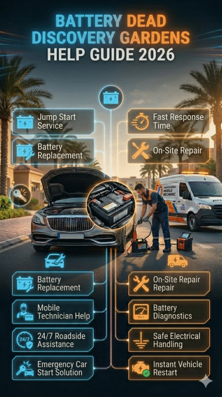 Professional roadside assistance scene in Discovery Gardens showing a mobile mechanic performing a car jump start on a luxury vehicle with infographic-style service points and a bold title header.