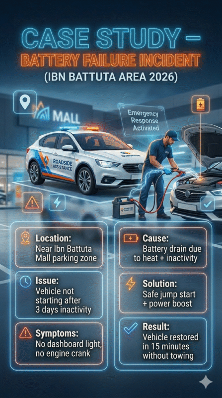 Infographic showing real case study of a car battery failure near Ibn Battuta Mall, including symptoms, cause, roadside jump start solution, and successful vehicle recovery without towing.