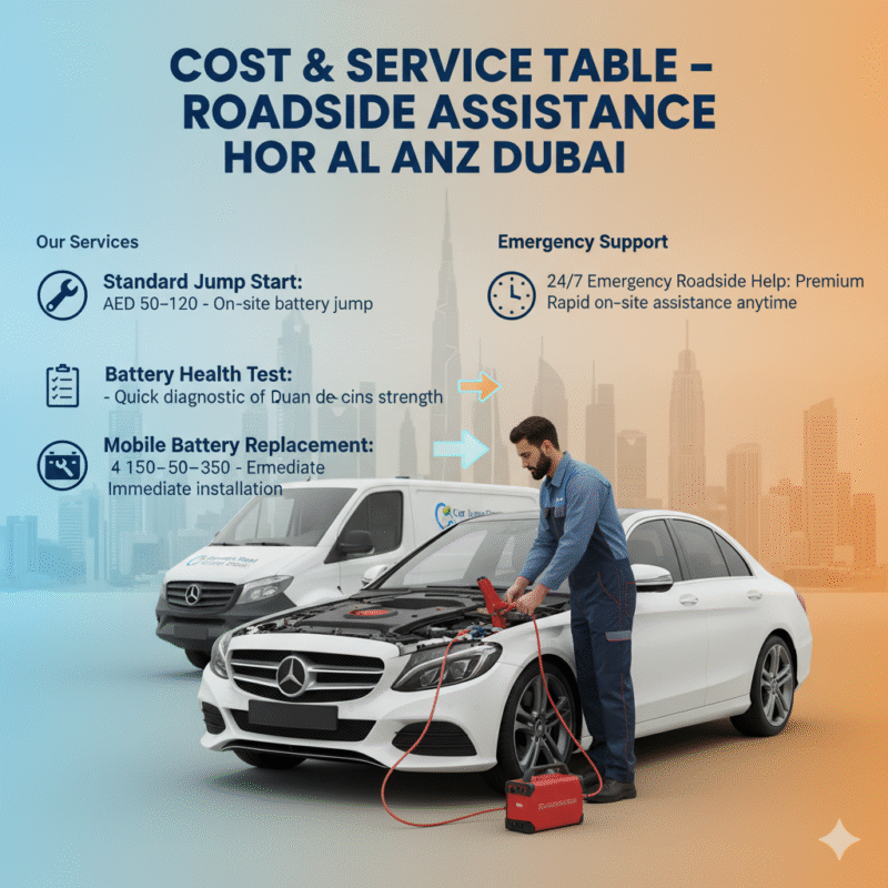 “Cost and service table for roadside assistance in Hor Al Anz Dubai showing jump start price, battery test cost, battery replacement service, and 24/7 emergency roadside help with technician assisting a car.”