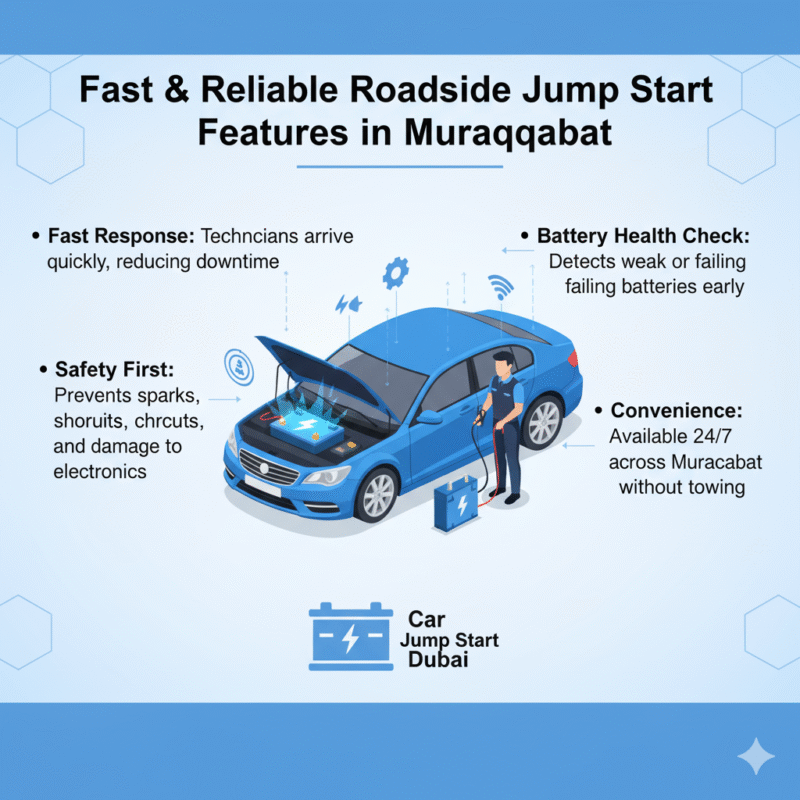 Animated infographic showing fast and reliable roadside jump start features in Muraqqabat. Title at top, key points on sides, central animated car illustration with glowing battery and technician.