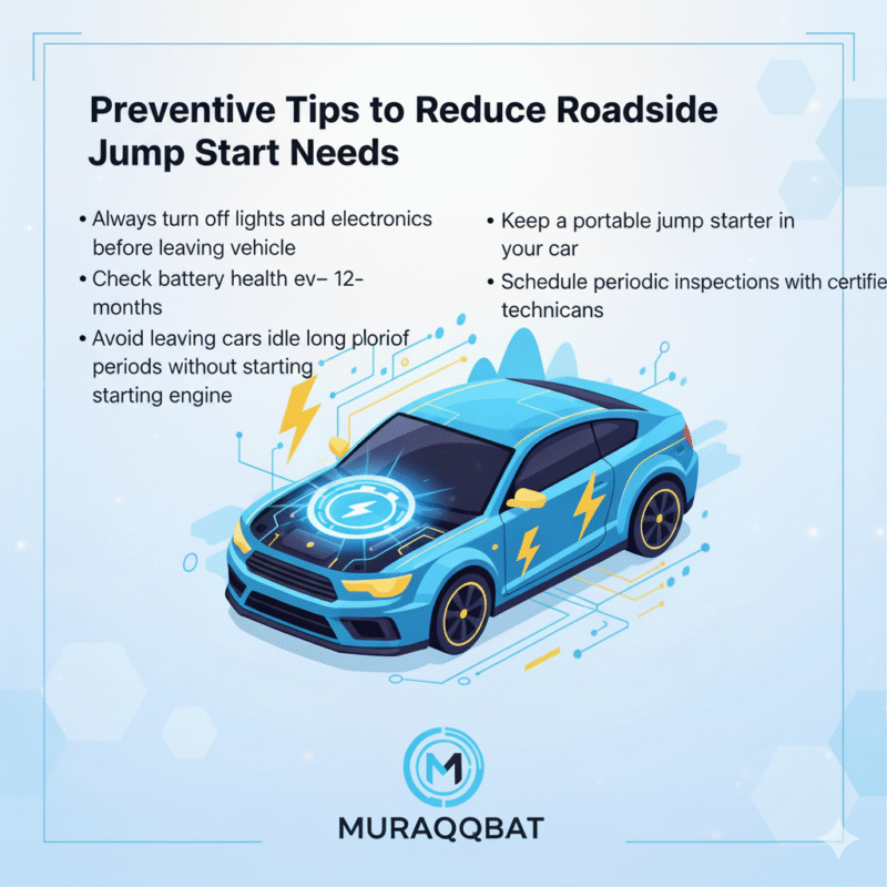 Animated infographic image showing preventive tips to reduce roadside jump start needs. Title at top, key tips displayed on sides, central animated car illustration with glowing battery and energy symbols.