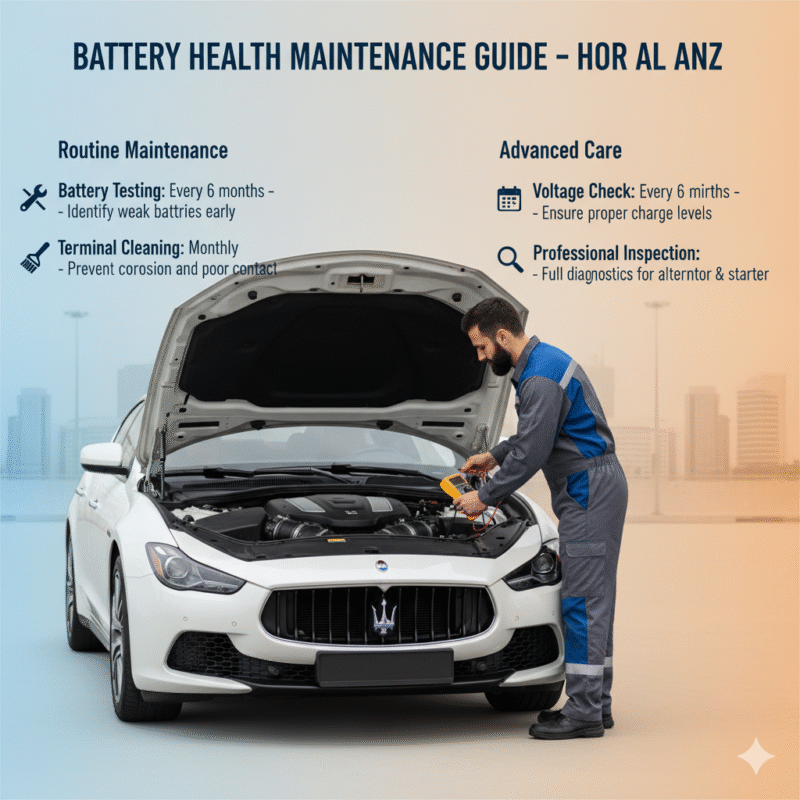 “Battery health maintenance guide in Hor Al Anz Dubai showing battery testing, terminal cleaning, voltage check, and professional inspection with technician working on a premium car battery in center.”
