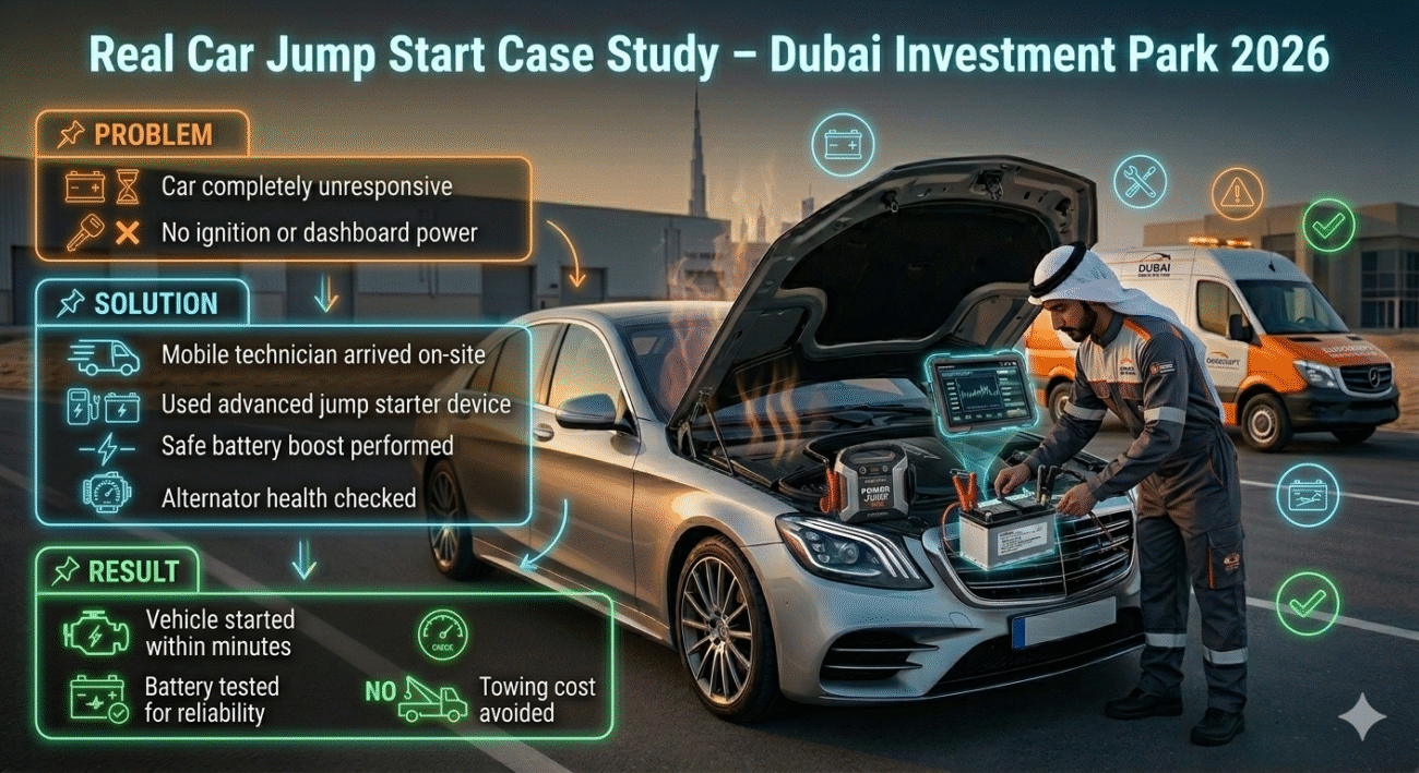 Infographic showing real case study of car jump start in Dubai Investment Park with technician performing battery boost and problem-solution-result breakdown.