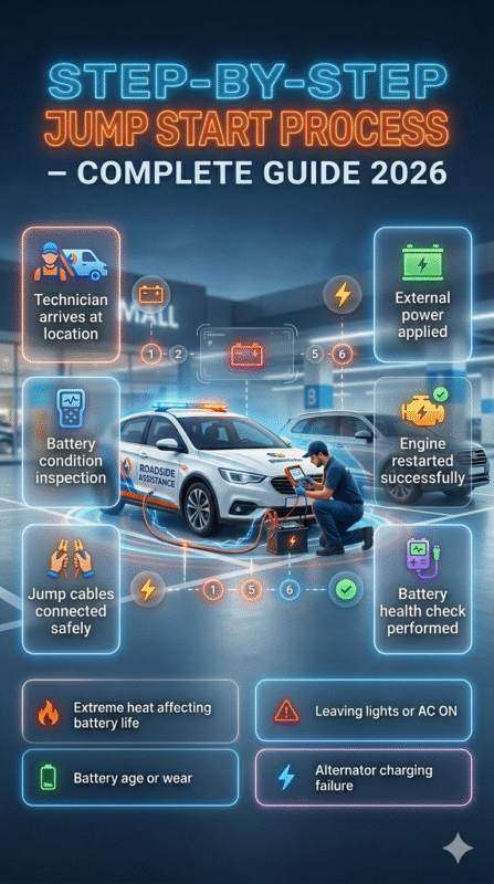 Infographic showing step-by-step roadside jump start process including technician arrival, battery inspection, safe cable connection, power boost, engine restart, and battery health check.