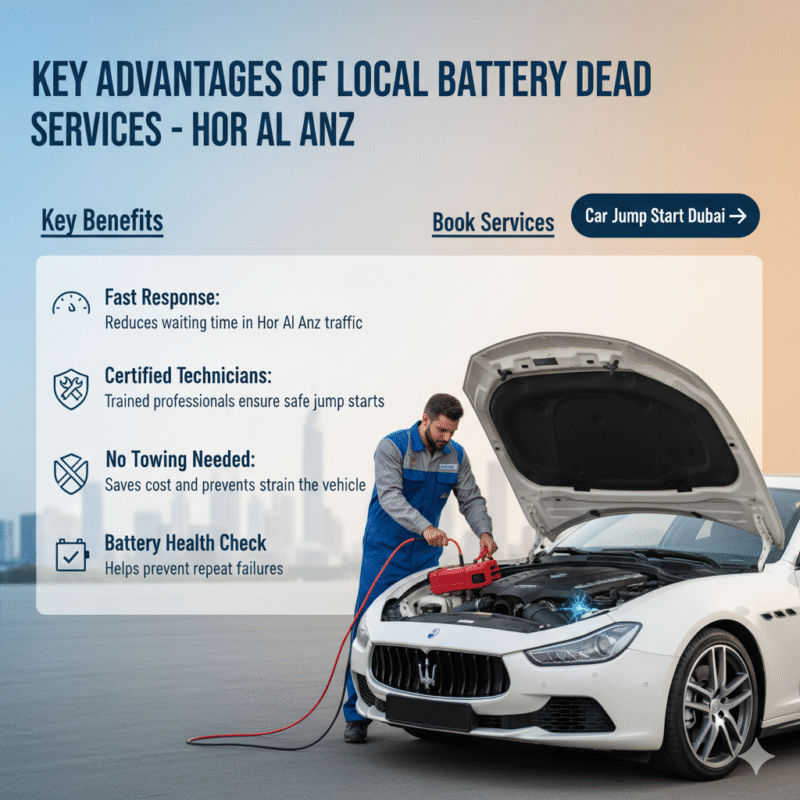 “Key advantages of local battery dead services in Hor Al Anz Dubai showing fast response, certified technicians, no towing, and battery health check with professional technician and premium car in center.”