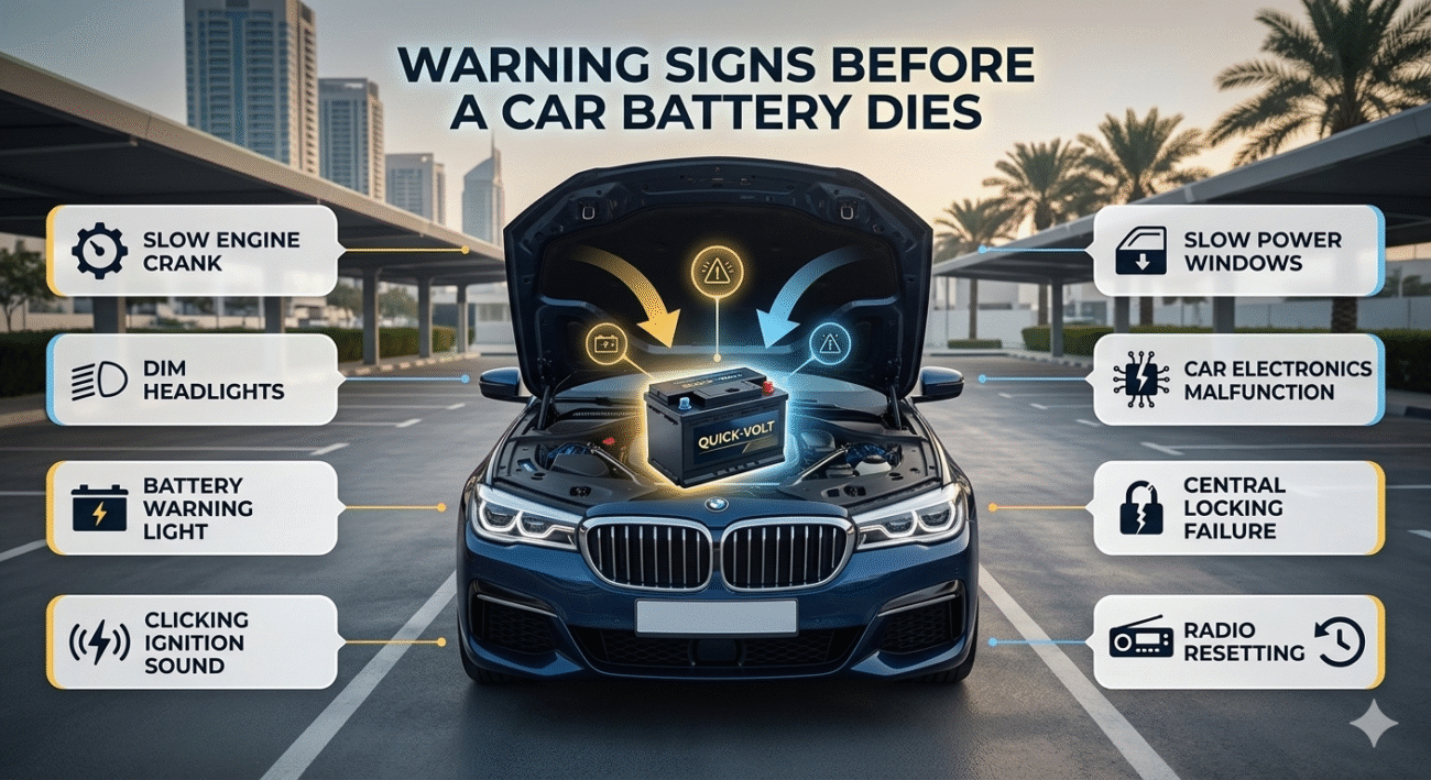 Infographic showing warning signs before a car battery dies with dashboard warning icons and a car battery under the hood.