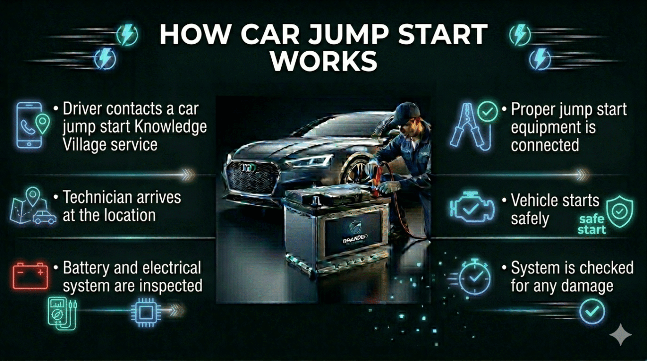 How car jump start works in Knowledge Village showing step-by-step process including technician arrival, battery inspection, and safe jump start in a clean infographic layout.