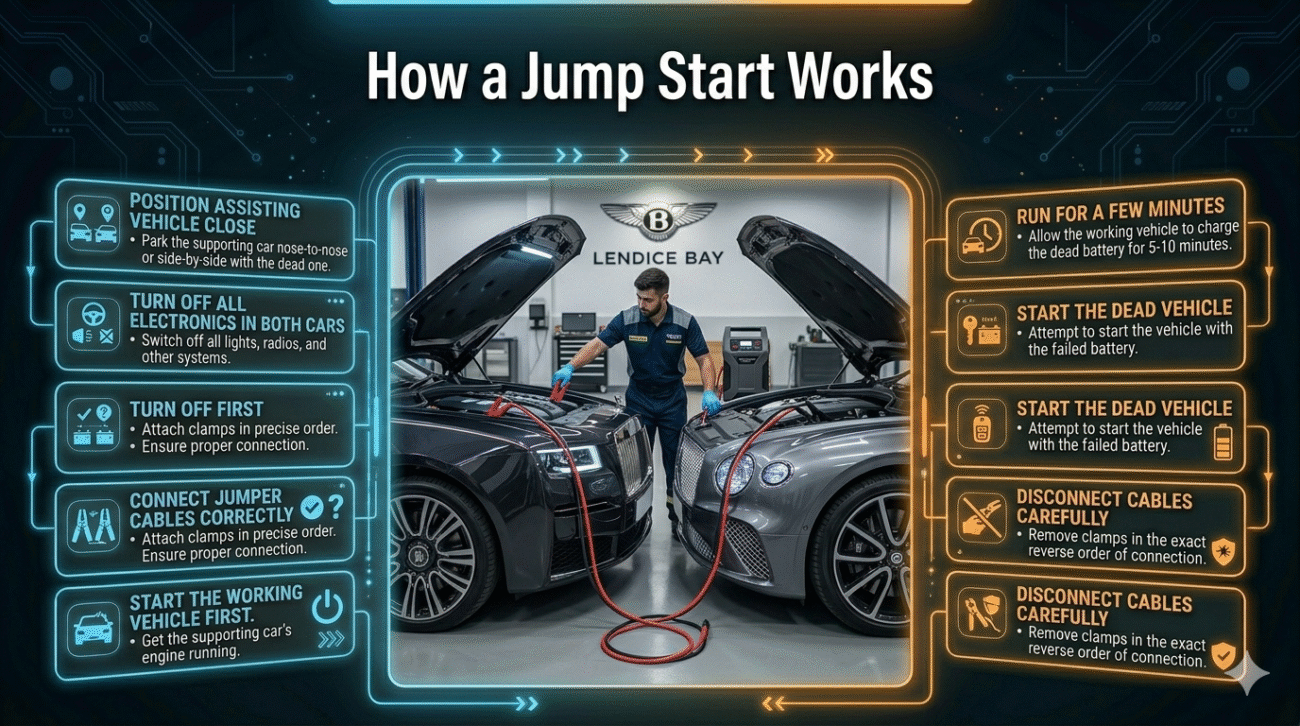 Step-by-step visual guide showing how a jump start works with a car in the center and instructions displayed on both sides in a clean layout.