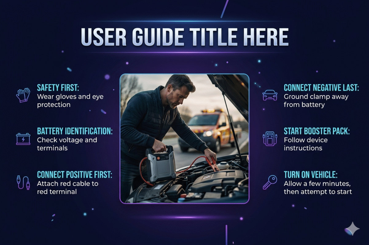 Professional infographic showing a roadside jump start service in Studio City with a central car image, key service points displayed on both sides, and a bold title at the top.
