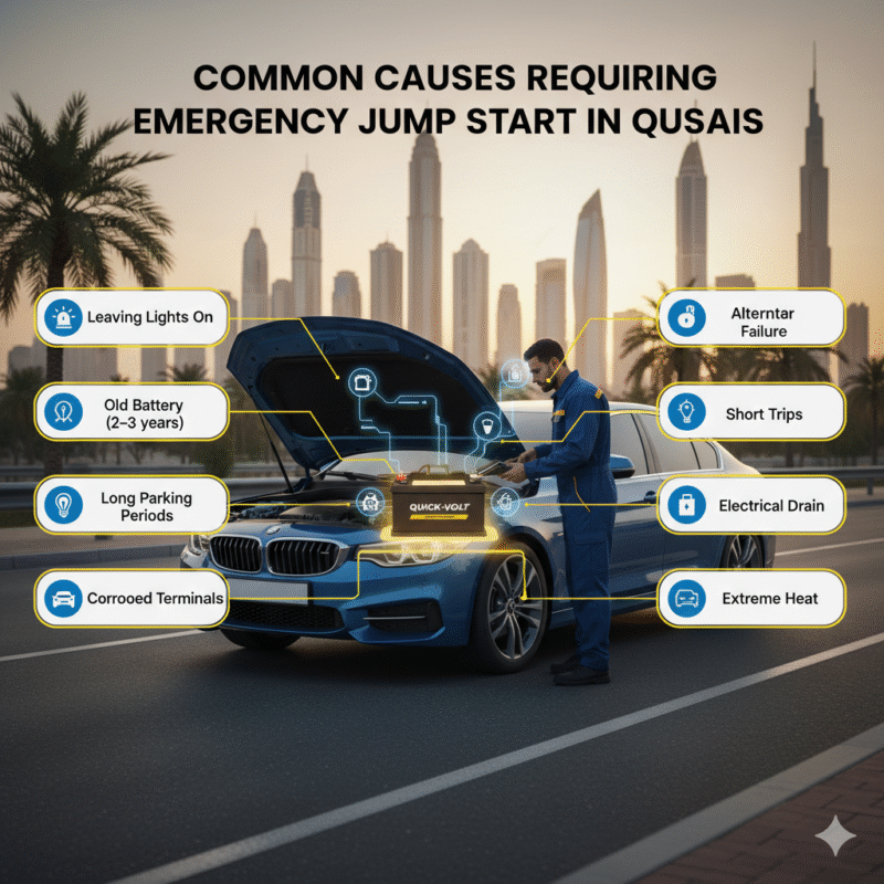 Infographic showing common causes of emergency jump start in Qusais with a professional technician inspecting a car battery and side points highlighting battery failure reasons.