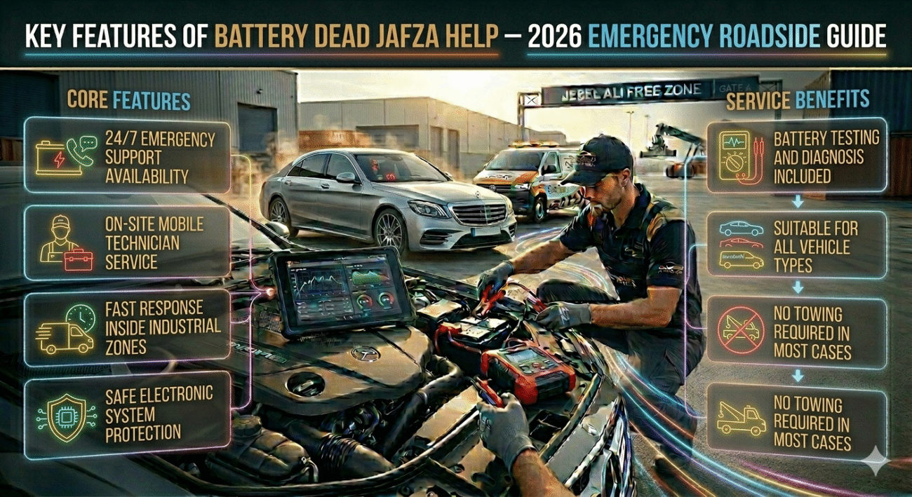 Cinematic infographic showing key features of battery dead JAFZA help service with mobile mechanic, jump start support, and roadside assistance benefits in industrial Dubai environment.