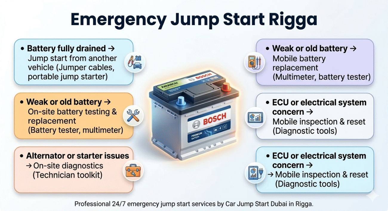 "Emergency Jump Start Rigga infographic showing title on top, key solutions from emergency table on sides, and premium battery in the center with animated infographic style."