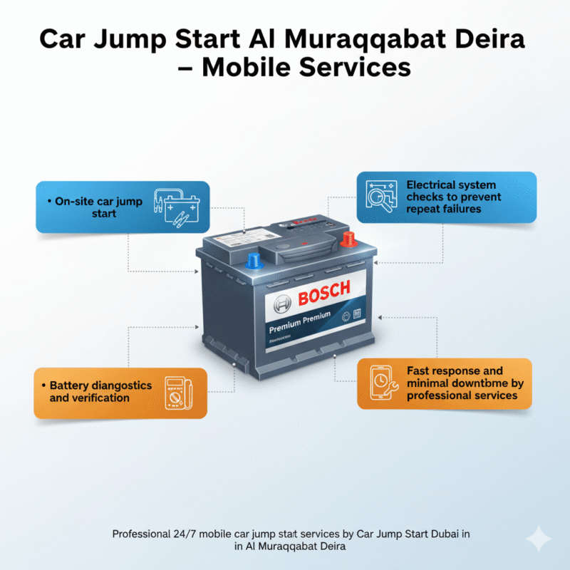 "Car Jump Start Al Muraqqabat Deira infographic showing title on top, mobile service key points on sides, with premium battery in the center and animated infographic style."