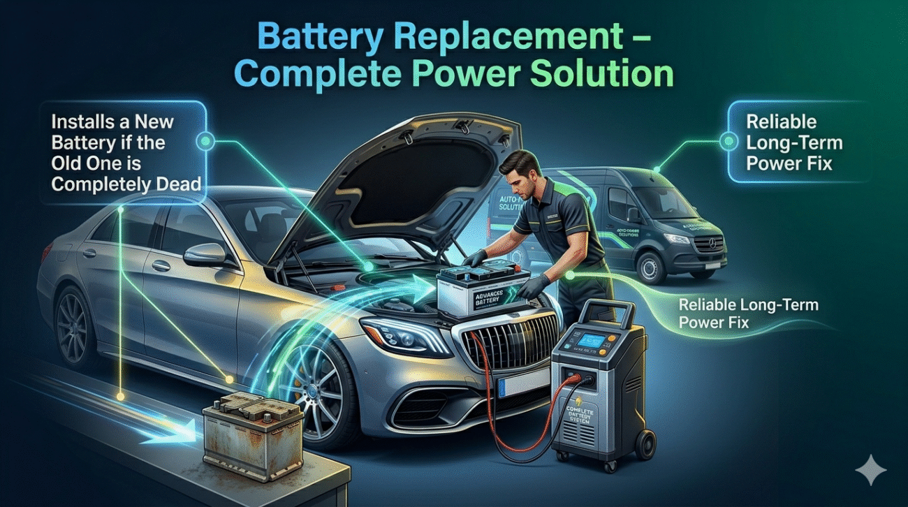 Car battery replacement service installing a new battery to fix a completely dead car battery