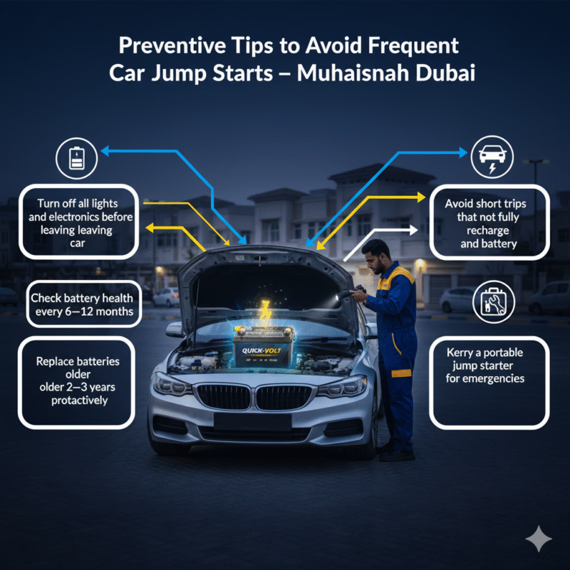 Infographic showing preventive tips to avoid frequent car jump starts in Muhaisnah Dubai, with a glowing battery, technician, and side points highlighting key tips.