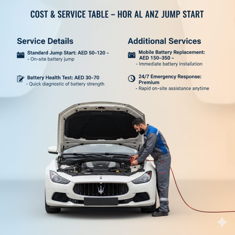 “Cost and service guide for car jump start in Hor Al Anz Dubai showing standard jump start, battery health test, mobile battery replacement, and 24/7 emergency response with professional technician and premium car in center.”