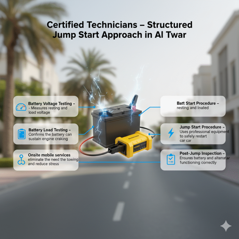 Animated infographic showing certified technician jump start procedure in Al Twar, Dubai, with a branded car battery and jump starter in the center and key steps displayed as bullet points on the sides, title on top.