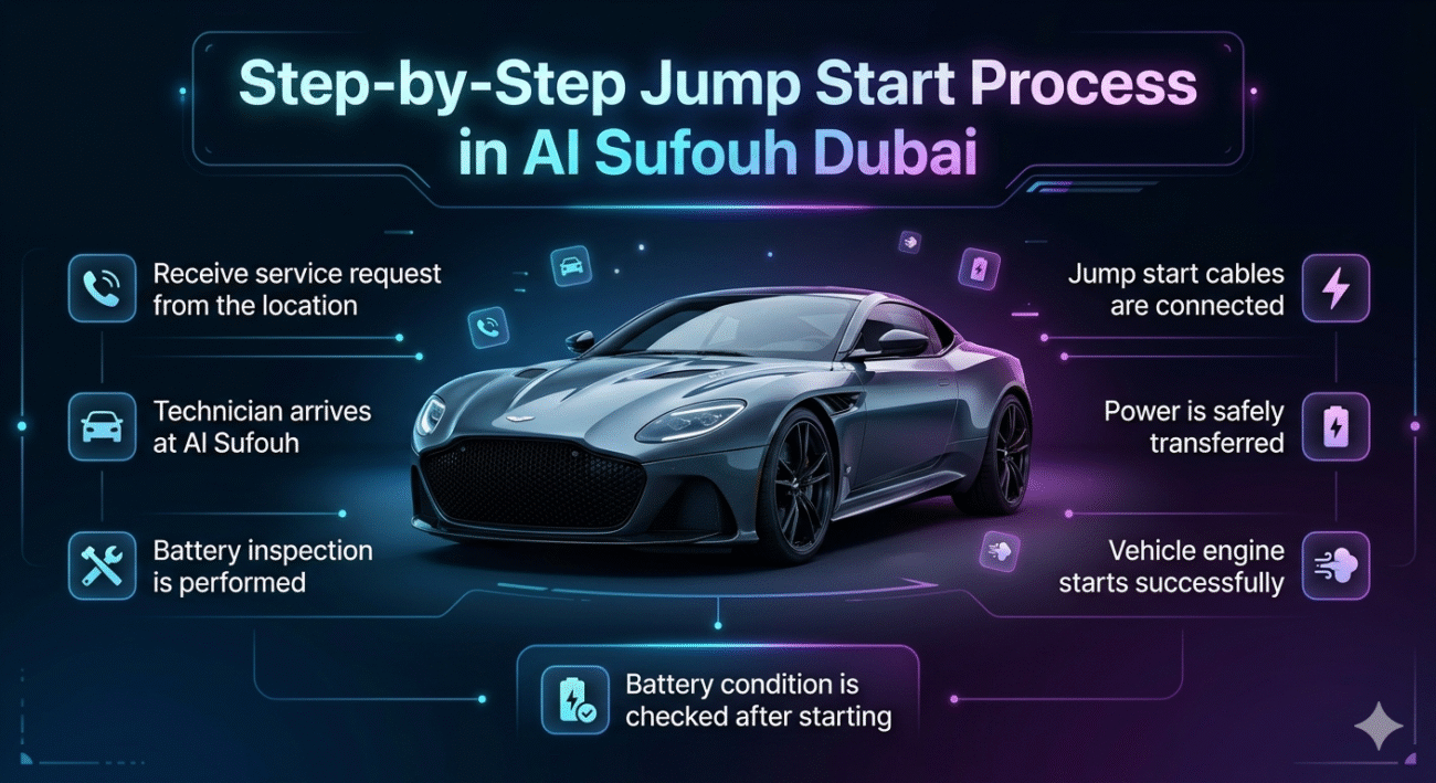 A modern step-by-step guide image showing the jump start process in Al Sufouh Dubai with a central car and process steps displayed on both sides.