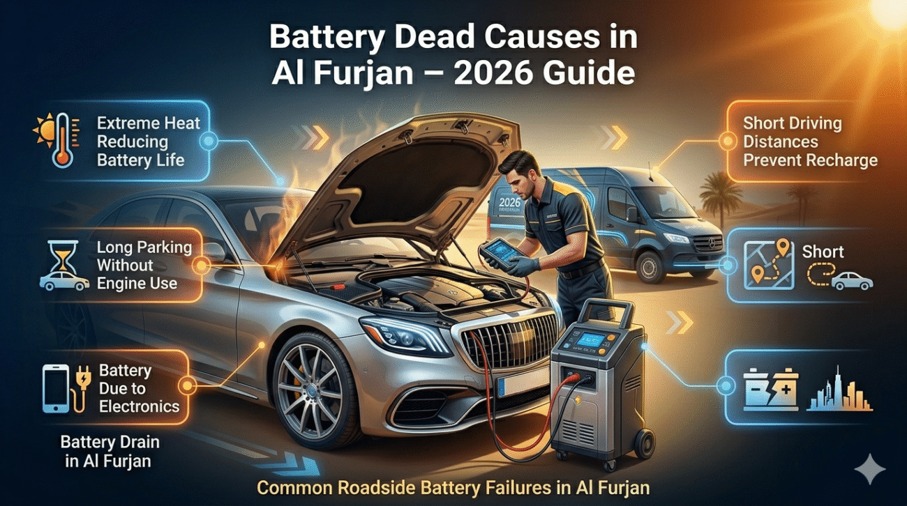 Car battery failure causes in Al Furjan due to heat, long parking, and electrical drain with roadside assistance scene