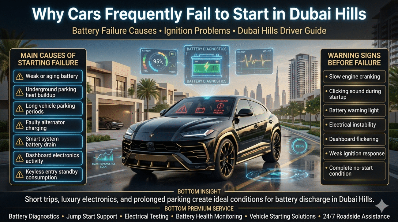 Premium Dubai Hills automotive infographic showing luxury vehicle starting problems, battery diagnostics, ignition failure causes, electrical drain issues, and battery health monitoring.Car Won’t Start Dubai Hills — Complete (2026) Guide