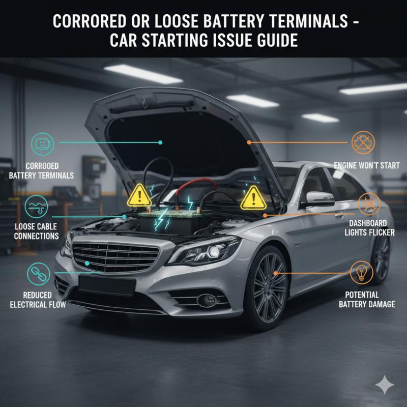 Car battery with corroded or loose terminals causing starting issues and reduced electrical flow